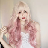 Gaeaspace  -  Long Curly Hair Platinum Gradient Pink Wig Temperament Cute Sweet Synthetic Wigs with Bangs Pink and Blonde Wavy Lolita Wig