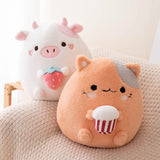 Gaeaspace  -  Cute Cartoon Cow Cat Plush Dolls Carry Ice Cream Strawberry Stuffed Squishy Cattle Kitty Round Fluffy Nap Pillow Gifts for Kids