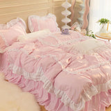 Gaeaspace  -  Korean Ins Bedding Set Luxury Quilt Cover Pillowcase Flat Bed Sheets Simple Girl Princess Ruffle Home Textiles