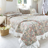 Gaeaspace  - Vintage French Princess Quilted Cotton Bedspread Coverlet Double 230x250cm Print Floral Ruffle Bed Sheet Soft 2Pcs Pillowcases