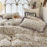 Gaeaspace  -  French Small Floral Printed Bedding Set, Double Layer Lace Ruffles, 100% Cotton, Duvet Cover Set, Bed Linen, Pillowcases