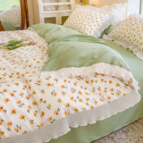 Gaeaspace  -  Ins Korean Style Duvet Cover Set Princess Floral Ruffles Fitted Flat Sheet Pillowcases Girls Single Double Size Bed Linen