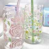 Gaeaspace  -  Cute Flower Glass Cups Tumber With Bamboo Lid And Straw 500ml Can Shaped Glass Cups Iced Hot Coffee Tea Juice Glasses Gift