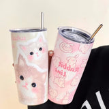 Gaeaspace  -  Kawaii Cat Thermos Cups Tumbler For Hot Cold Coffee Tea Cute 550ml Sainless Steel With Straw Insulated Thermal Cup Water Bottle