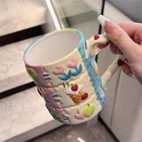 Gaeaspace  -  Korean Ins Niche Design Ceramic Water Cup Cartoon Cute Hand-painted Patch Plaid Mug Heat-resistant Home Milk Cup with Handle