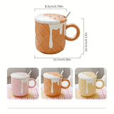 Gaeaspace  -  1pc Biscuit Pattern Coffee Mug With Lid And Spoon 14.2oz Ceramic Coffee Cups Cute Kawaii Water Cup Summer Winter Drinkware Gifts