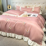 Gaeaspace  -  Flower Embroidery Lace Ruffles Bedding Set Skin-friendly Washed Cotton Princess Style Wedding Duvet Cover Bed Sheet Pillowcases