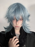 Gaeaspace  -  16Inch Haze Blue Color Handsome Synthetic Wig With Bang Medium Natural Wavy Hair Wig for Man or Women Cosplay Heat Resistant