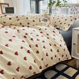 Gaeaspace  -  Korean Style Bedding Set Kid Adult Twin Full Queen Size Bed Flat Sheet Love Heart Duvet Cover Set Pillowcase Bed Linen No Filler