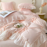 Gaeaspace   -  Lace Ruffles Princess Wedding Bedding Set, Queen Size, Hand-Made, Pleat, Pearl, Duvet Cover, Bedclothes, Sheet, Pillowcases