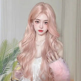 Gaeaspace -  Pink Wig for Women Long Wave Cospaly Lolita Daily Party Synthetic Wigs with Bangs Fake Hair High Temperature Wig 가발