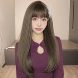 Gaeaspace  -  New best-selling natural bangs brown fluffy Korean style long hair straight hair fashionable wigs synthetic fibers wigs