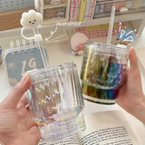 Gaeaspace  -  Kawaii Iridescent Glass Cup With Lid Straw For Coffee Water Wine Beer Juice Milk Tea Glass Cups Simple Ice Drinking Cup Gift