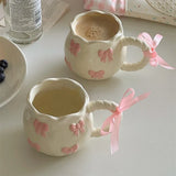 Gaeaspace  -  Irregular Handmade Relief Pink Bow Coffee Ceramic Cup Gift Water Cup Kawaii Cup