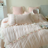 Gaeasapce  -  Pink French Princess Wedding Romantic Pleat Lace Ruffles Bedding Set Soft Cozy Korean Girls Duvet Cover Set Bed Sheet Pillowcase