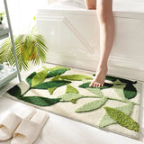 Gaeaspace  -  Green Leaves Flocking Bath Mat Non-slip Absorbent Microfiber Bathroom Rug Home Entrance Door Mat Super Soft Bath Carpet Tapijt