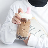 Gaeaspace  -  Kawaii Cat Bubble Tea Glass Water Bottle With Straw PU Sleeve Cute Boba Coffee Milk Cups Portable Girl Drinking Bottle BPA Free