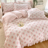 Gaeaspace  -  100% Cotton Pink Color Duvet Cover with Ruffles Flower Printed housse de couette for Girls Pure Cotton Comforter Bed Cover King