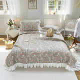 Gaeaspace  - Vintage French Princess Quilted Cotton Bedspread Coverlet Double 230x250cm Print Floral Ruffle Bed Sheet Soft 2Pcs Pillowcases