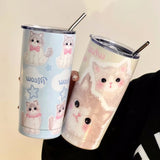 Gaeaspace  -  Kawaii Cat Thermos Cups Tumbler For Hot Cold Coffee Tea Cute 550ml Sainless Steel With Straw Insulated Thermal Cup Water Bottle