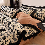 Gaeaspace  -  Luxury Winter Warm Milk Velvet Bedding Set Thickened French Retro Princess Double-Sided Coral Velvet Four Piece Sets Black Lace