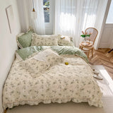 Gaeaspace  -  Small Floral Printed Lace Ruffle Bedding Set, Simple Fresh Flower Single Duvet Cover, Bed Linen Set, Pillowcases, 100% Cotton