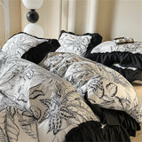 Gaeaspace  -  Washed Cotton Bedding Sets With Lace Black Printed Four Piece Set Bedroom Decor Duvet Cover Pillowcase Bedspread Bed Cover Sets