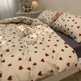 Gaeaspace  -  Korean Style Bedding Set Kid Adult Twin Full Queen Size Bed Flat Sheet Love Heart Duvet Cover Set Pillowcase Bed Linen No Filler