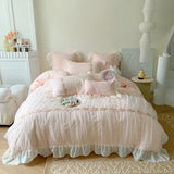 Gaeasapce  -  Pink French Princess Wedding Romantic Pleat Lace Ruffles Bedding Set Soft Cozy Korean Girls Duvet Cover Set Bed Sheet Pillowcase