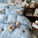 Gaeaspace  -  Solid Blue Bear Bedding Set Duvet Cover Queen Full Twin Size Bed Flat Sheet Kids Girls Room Decor Quilt Cover Pillowcase Kawaii