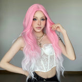 Gaeaspace  -  Light Pink Gradient Synthetic Hair Wigs Long Wavy Natural Hair Wigs with Bangs for Women Cosplay Lolita Wig Heat Resistant