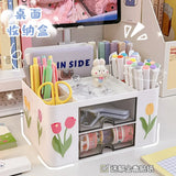 Gaeaspace  -  Ins Desktop Pen Holder Stationery Storage Box with Drawer Container Office School Supplies Kawaii Desk Accessories Pens Holder