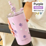 Gaeaspace  -  316 Stainless Steel Thermos Bottle For Girls Double Layer Thermal Coffee Cup With Straw Cherry Blossom Drinking Cup Travel Mugs