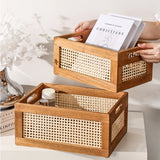 Gaeasapce  -  Japanese Desktop Solid Wood Storage Box Retro Rattan Woven Storage Basket Home Books Snacks Cosmetics Organizer Bo