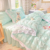 Gaeaspace  -  Kawaii Princess Seersucker Bedding Set Luxury Solid Color Duvet Cover Bed Sheet Pillowcase Single Double Size For Girl Decor