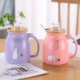 Gaeaspace  -  1pc 420ml Cartoon Cat Ceramic Mug Portable Coffee Cup With Wooden Lid And Stainless Steel Spoon Handle Drinking Cup For Home