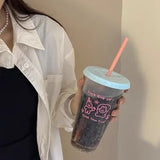 Gaeaspace  -  Cute Cartoon Coffee Cups Transparent Plastic Straw Water Bottles Reusable Large Capacity Korean Style Portable Milk Tea Cup