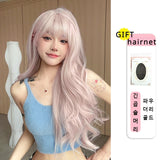 Gaeaspace  -  Long Wave Pink Wig with Bangs Nature wavy Lolita Synthetic Wigs for Women Cosplay 앞머리 가발