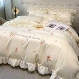 Gaeaspace  -  Flower Embroidery Lace Ruffles Bedding Set Skin-friendly Washed Cotton Princess Style Wedding Duvet Cover Bed Sheet Pillowcases