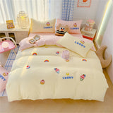 Gaeaspace  -  Cartoon Embroidery Four Piece Set Bed Quilt Cover Bedding Set for Bedroom Washed Cotton Pillowcase Bedspread Duvet Cover Sets