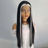 Gaeaspace  -  Black and White Highlight Wig Straight Synthetic Lace Front Wig Glueless Skunk Stripe Highlighted Ombre Black Wigs for Women