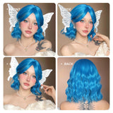 Gaeaspace  -  12 Inch Ladies Girls Highlight Short Curly Wig 220g Synthetic Halloween Dress Up Wig Elf Blue Figure Eight Wig Cosplay Party Wig