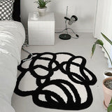 Gaeaspace  -  Tufting Black White Bedside Rug Soft Fluffy Geometric Line Carpet Bedroom Floor Pad Kids Room Doormat Aesthetic Home Decor