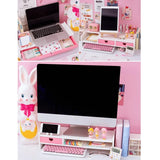 Gaeaspace  - Kawaii Desktop Monitor Stand Wooden Computer Laptop Elevated Stand with Drawers Desk Storage Organizer Pink Cute Monitor Stand