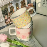 Gaeaspace  -  Tulip Flower Coffee Cup with Handle Ins Style Creative Couple for Girls Gift Cute Ceramic Mug Oatmea Breakfast Milk Wate Cup