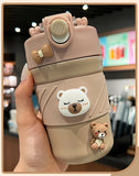 Gaeaspace  -  450ML Cute Bear Double Drink Thermos Coffee Mug With Straw Portable Stainless Steel Tumbler Insulated Cup Bottle For Kids Girls