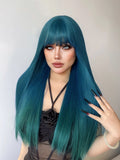 Gaeaspace  -  28Inch Teal Blue Color Synthetic Wigs With Bang Long Natural Straight Hair Wig For Women Daily Cosplay Drag Queen Heat Resistant