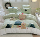 Gaeaspace  -  Cute cartoon embroidery bear dog green bedding set,twin full queen king cotton home textile bed sheet pillow case quilt cover