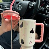 Gaeaspace  -  Kawaii Cat Stainless Steel Vacuum Insulated Tumbler With Lid Straw For Water Iced Tea Coffee Juice Large Car Thermos Mug 1200ml