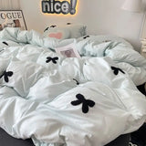 Gaeaspace  -  Bedding Set New Ins Style  Minimalist Blue Washing Cotton black bow towel Embroidered Four PIECE Set, 1.5 Bed Sheets